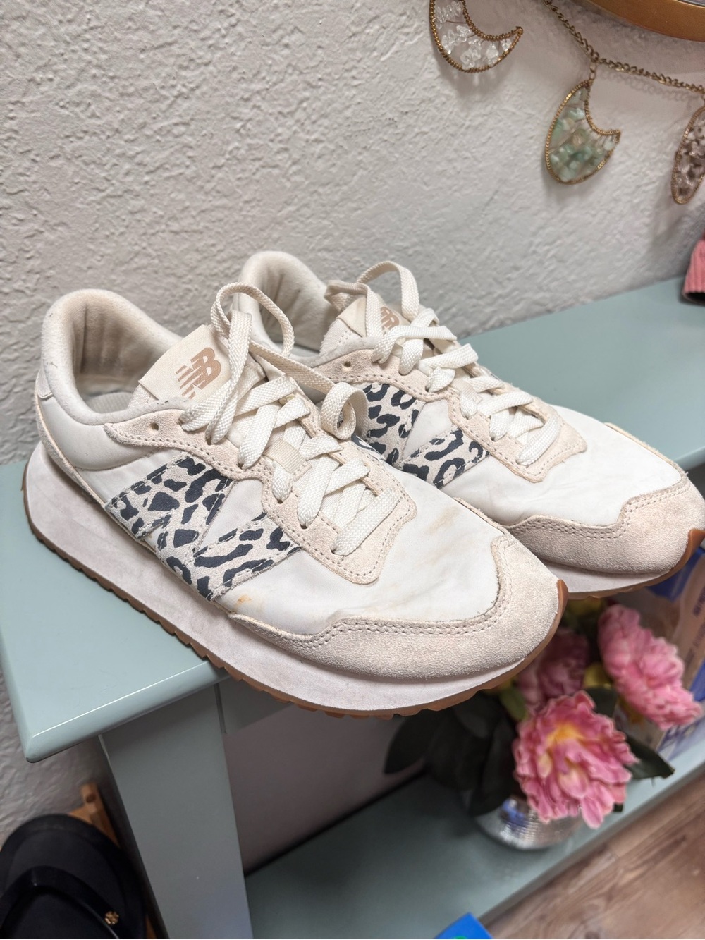 New Balance Women’s Cream Sneakers with Leopard Accent
